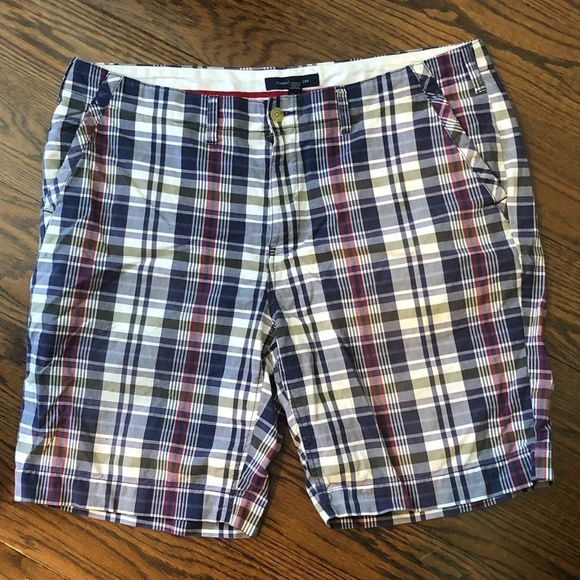 TOMMY HILFIGER Mens Navy Blue Plaid Flat Front Longer Length Chino Shorts Sz 40 - Picture 6 of 6
